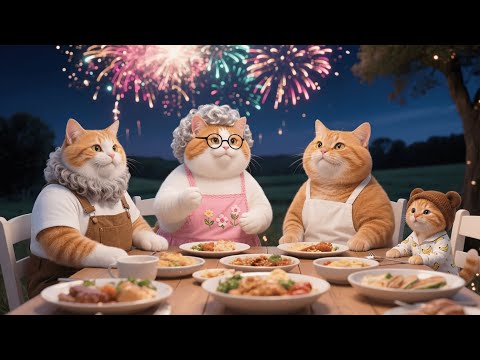 Mama Cat Takes Ginger Kitten to Grandpa & Grandma Cat’s for New Year—Feasting and Fireworks 🎆🐾