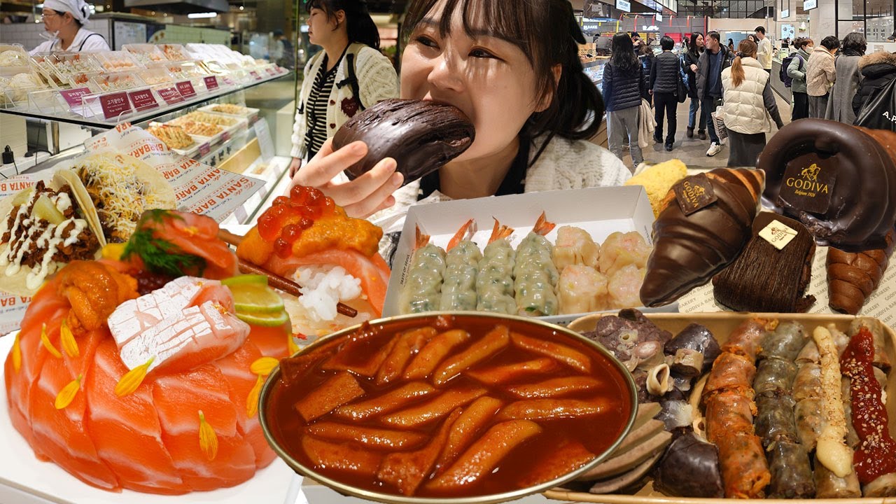판교 현대백화점 먹방 투어😋스시 케이크, 고디바 베이커리, 모듬 순대, 서울 만두, 갈현동 할머니 떡볶?