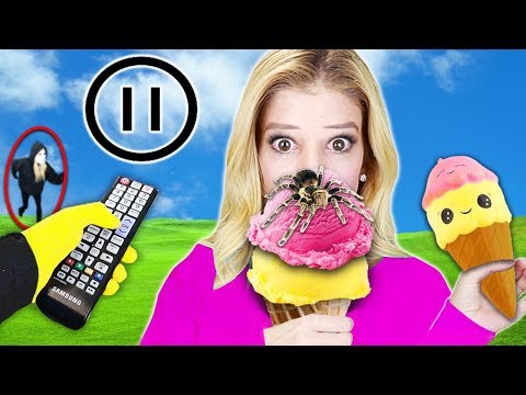 PAUSE CHALLENGE w/ Rebecca Zamolo for 24 hours! Squishy Food vs. Real Food (Game Master spy Wins) Video