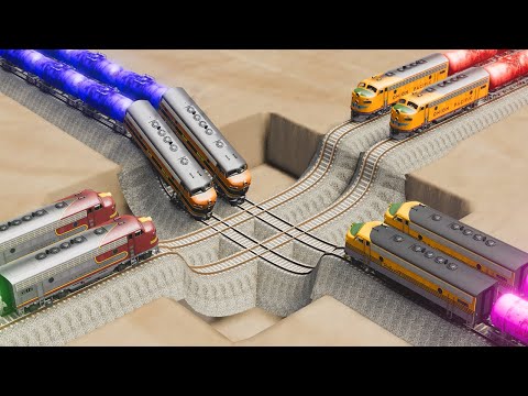 Impossible Down Sharp Turning Crossover Rail Tracks Vs Trains Crossing - BeamNG.Drive
