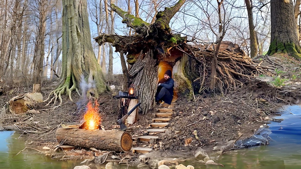 Building a secret shelter inside a fallen tree near a mystical lake