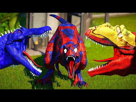 Spiderman Tyrannosaurus Rex, Superman Spinosaurus, Batman Dinosaurs Fight - Jurassic World Evolution
