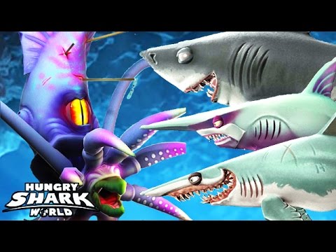 Hungry Shark World - All L Sharks vs Colossal Squid BOSS (Bull, Mako, Goblin)
