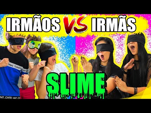 DESAFIO IRMÃOS VS IRMÃS! - SLIME DE OLHOS VENDADOS | Blog das irmãs Video