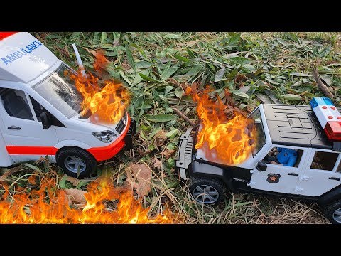Police Car Rescue / Ambulance / Fire trucks help cars that are on fire