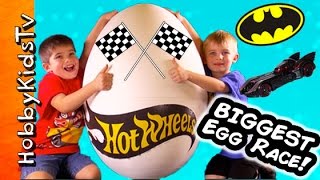 Worlds BIGGEST HOT WHEELS Egg! Surprises Batman Robin Wolverine Ironman SuperHero RACE HobbyKidsTV