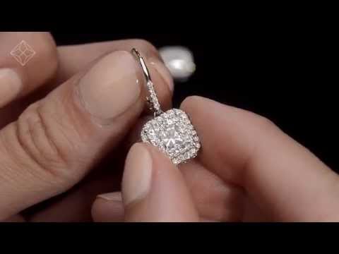 P3483W - Diamond Halo Princess Cut Drop Earrings 1.75CT 18K White Gold