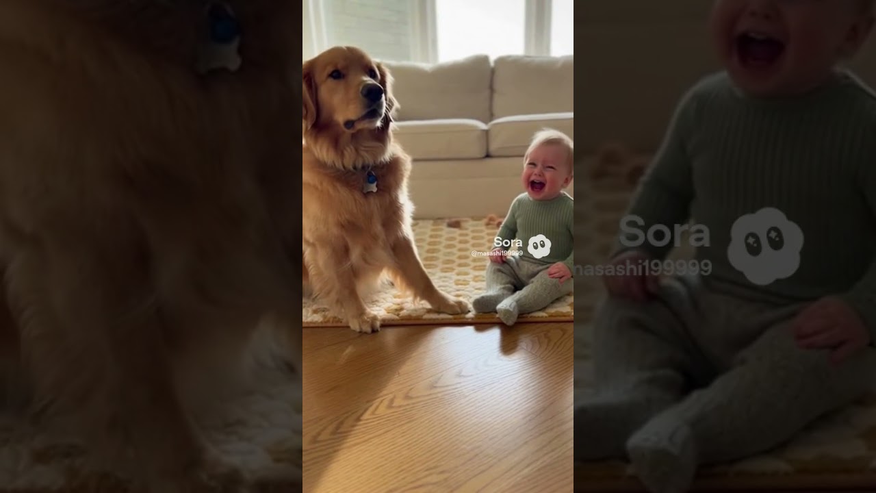 犬が吠えた瞬間、赤ちゃん大爆笑