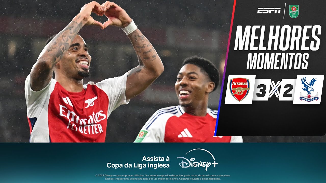 GABRIEL JESUS FAZ HAT-TRICK, e Arsenal elimina o Crystal Palace com virada na Copa da Liga Inglesa