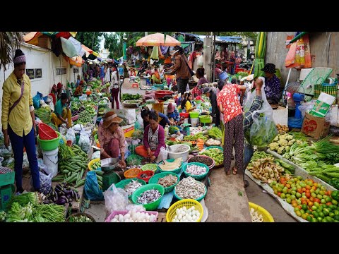 Countryside Food Market Scene @Oudong - Plenty Rural Vegetable, Fish, Chicken, Palm Fruit & More