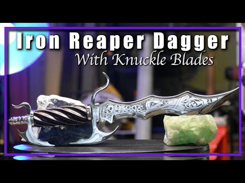 Iron Reaper Fantasy Dagger With Knuckle Blades Metal Etching, Wire Wrap, Flute Handle