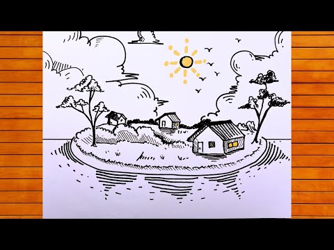 How to Draw A Tropical Island and beautiful Sunset | Easy drawing tutorial | Sunset Scenery Art