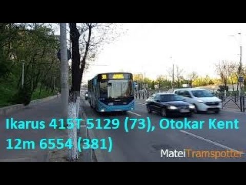 Troleibuzul Ikarus 415T 5129 pe linia 73 și autobuzul Otokar Kent 12m 6554 pe linia 381
