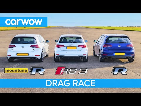 Audi RS3 vs VW Golf R... vs Golf R with £1,200 tune – DRAG RACE, ROLLING RACE AND BRAKE TEST