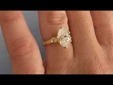 Certified Lab Created Diamond Ring, 3 Stone Oval Engagement Ring, Round Cut Side Diamond Ring