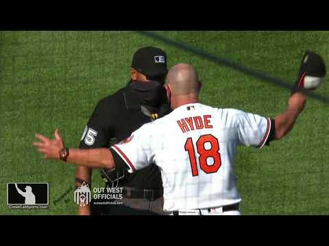 Ejection 002 - Jeremie Rehak ejects Brandon Hyde after denying HBP due to batter's having swung