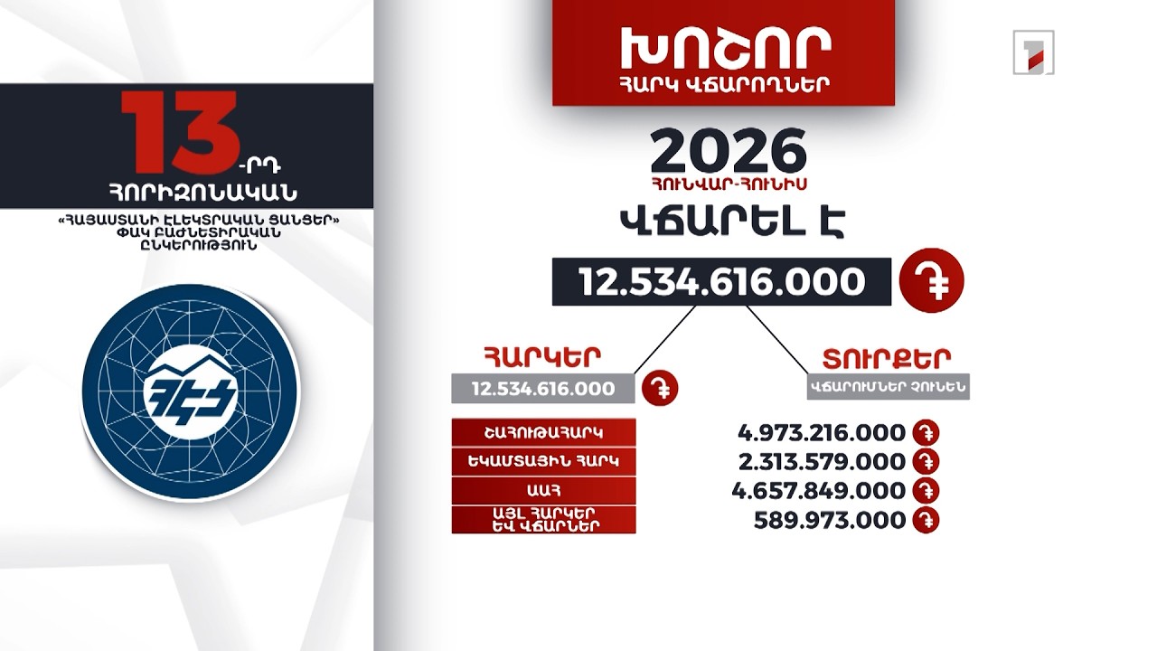 «Հայաստանի էլեկտրական ցանցեր»-ը 2026-ի հունվար-հունիսին 12 մլրդ 534 մլն դրամի հարկ է վճարել
