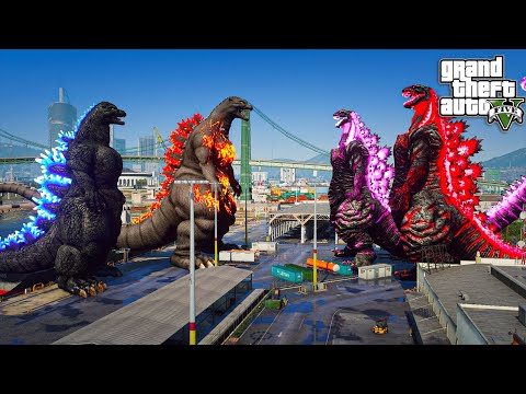 Heisei Godzilla, burning Godzilla vs Team Shin Godzilla Epic Fight ( GTA V Mods )