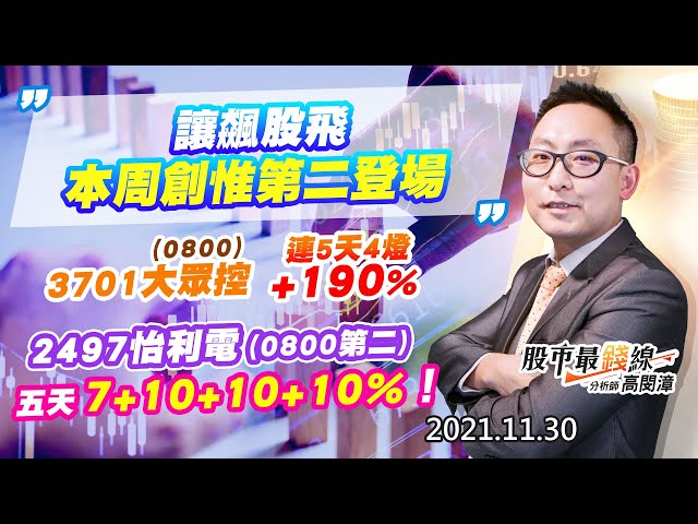 20211130《股市最錢線》#高閔漳，“讓飆股飛，本周創惟第二登場””3701大眾控(0800)連5天4燈+190%””2497怡利電(0800第二)，五天7+10+10+10%！”