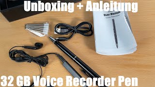 32 GB Voice Recorder Pen, HD Sprachaktivierter Rekorder, wiederaufladbar Unboxing und Anleitung