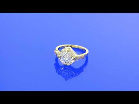 Art Deco Asscher Cut Diamond Engagement Ring with Halo & Pink Baguette Side Stones