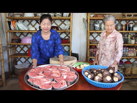 Sreypov Life Show: Taro root, fish, vegetable cooking | Family food cooking