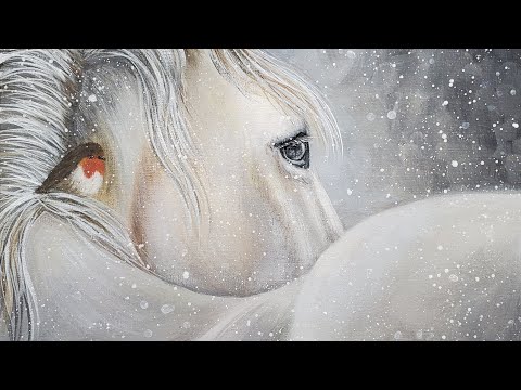 White Winter Horse with Bird Acrylic Painting LIVE Tutorial