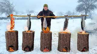 Caught And Cooked Trout Inside Logs! Life In The Distant Snowy Mountains