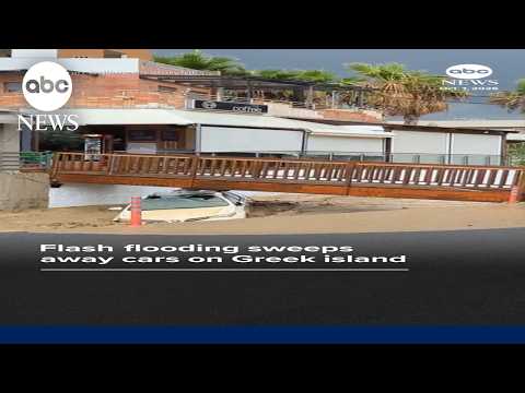 Flash flooding sweeps away cars on Greek island