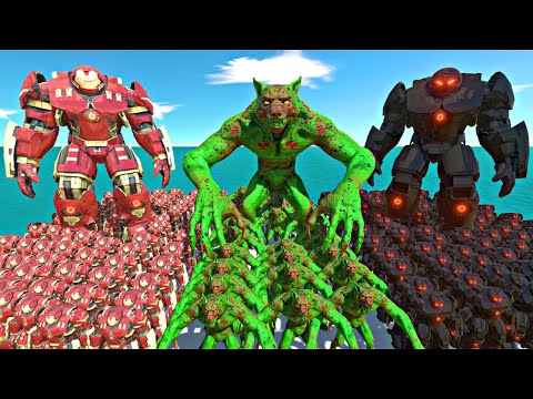 Hulkbuster Team vs Evolved Werewolf Team vs Shadow Itself Team - Animal Revolt Battle Simulator