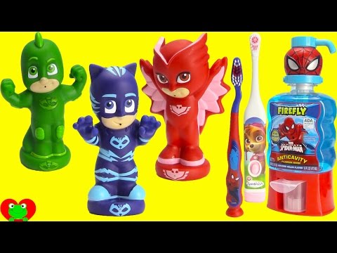 PJ Masks Brush Teeth Catboy, Owlette, Gekko with Paw Patrol Skye and Surprises Video