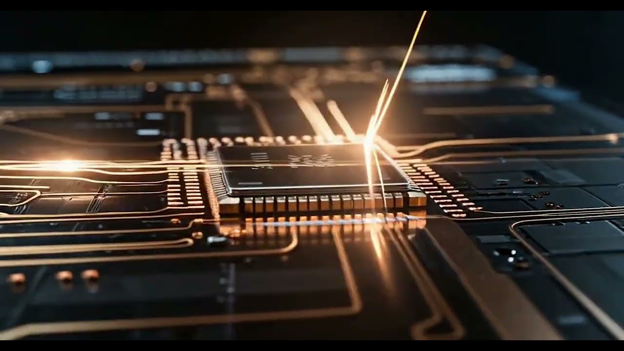 Advanced AI Microchip on Circuit Board with Glowing Data Lines and Technology Concept