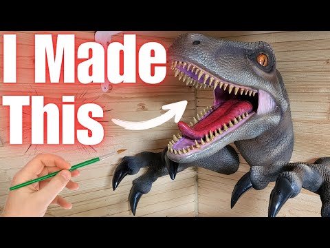 3D Printed Velociraptor Dinosaur Head Emerging from Wall - Headphone Game Controller Too