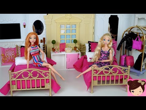 Barbie Evening Routine Princess Bedroom Frozen Queen Elsa & Anna - Doll Grand Hotel
