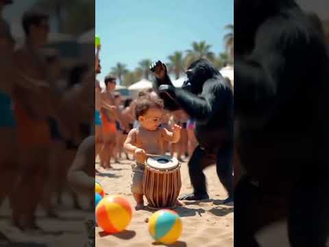 Baby Playing Dhol Fast & Dancing Gorilla at Ibiza Beach Party 🌴🥁🔥 | Viral EDM Vibes