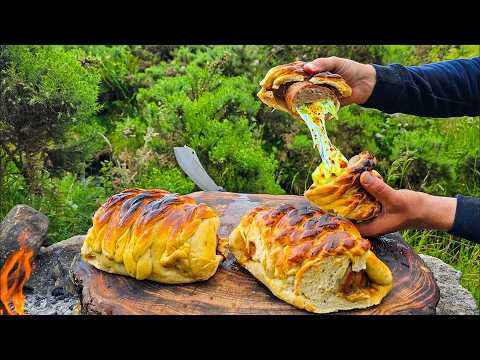 Meat & Cheese Over Open Flame | Primitive Cooking ASMR in Nature