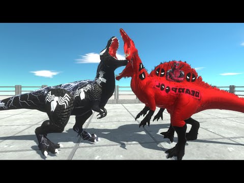 VENOM T-REX vs TWO DEADPOOL SPINOSAURUS - DINOSAURS AS SUPERHERO