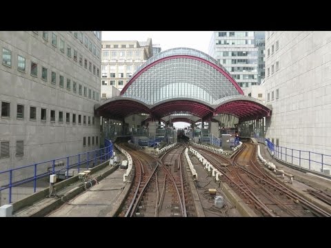 London. Riding the DLR train from Lewisham to Bank via Canary Wharf