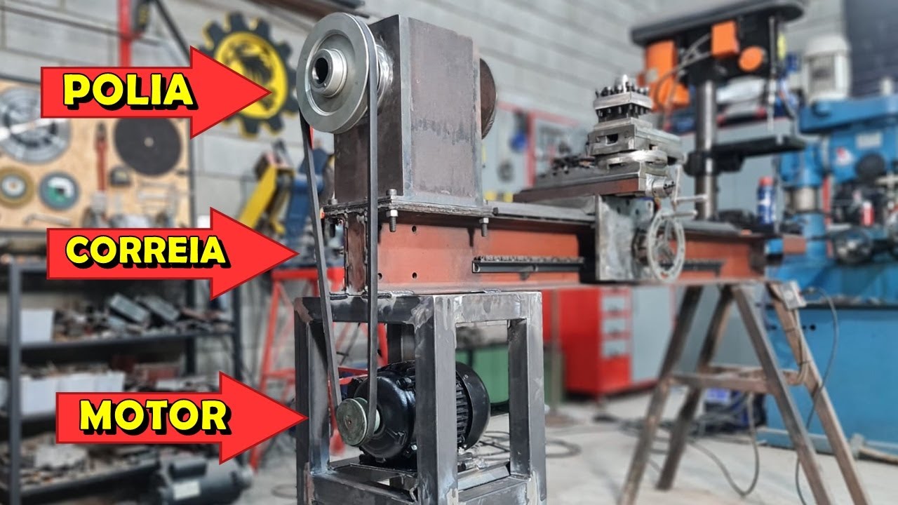 Como Fazer um Torno Caseiro Parte 52 - Instalação do Motor, Polias e Correias