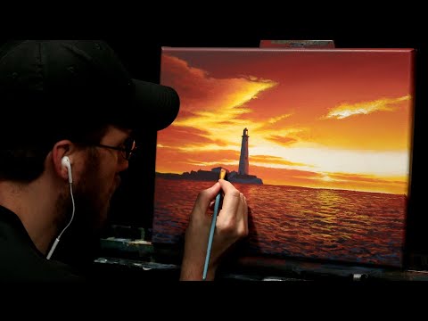 Acrylic Seascape Painting of a Lighthouse and Orange Sunset - Time-lapse - Artist Timothy Stanford