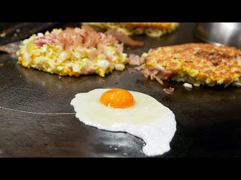 Japanese Street Food - OKONOMIYAKI Seafood Pancake Osaka Japan