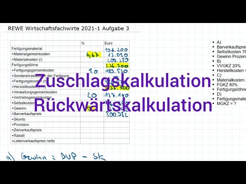 REWE Wirtschaftsfachwirte 2021-1 Frühjahr Aufgabe 3 - Zuschlagskalkulation, Rückwärtskalkulation