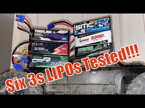 Six 3s 5200 mAh LIPO Shootout - Run Time, Top Speed, Voltage Sag, Capacity Testing - SMC VS Others