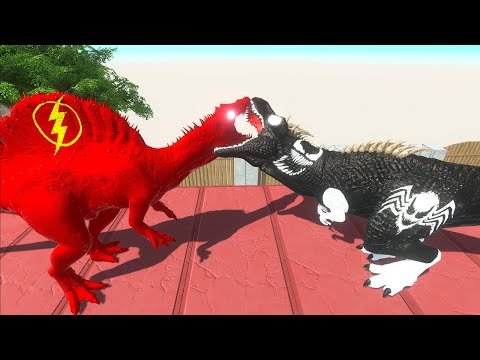 VENOM T-REX VS FLASH SPINOSAURUS & CAPTAIN AMERICA GORO DEATH FALL - Animal Revolt Battle Simulator