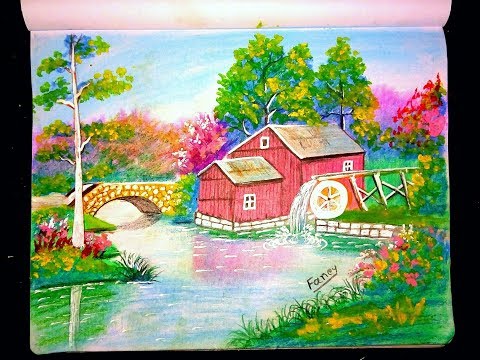 Landscape scenery drawing with Oil Pastels - step by step Video