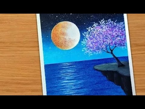 Moonlight night scenery drawing। Oil pastel drawing। Step by step