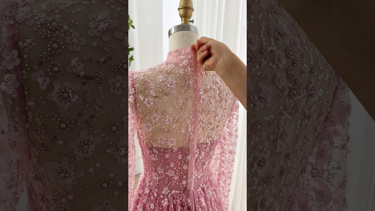 Corset long sleeves sequin embroidery pink formal dress #dress #gown #fashion #prom #wedding #bridal