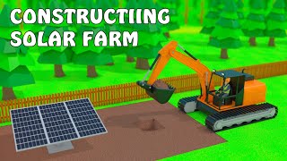 Construction Vehicles Build a Solar Farm!  Dump Truck, Bulldozer, Excavator & Cement Truck Animation