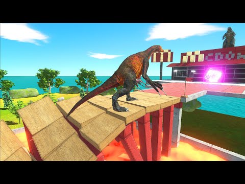 Dinosaurs Run on Unstable Bridge Cross Over Lava Pool Into Portal - Animal Revolt Battle Simulator