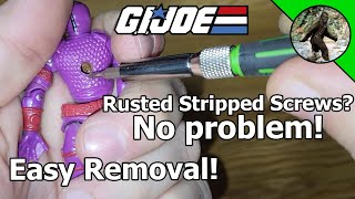 Simple way of how to get rusted or stripped screws out of vintage G.I. Joe figures to repair O-Rings